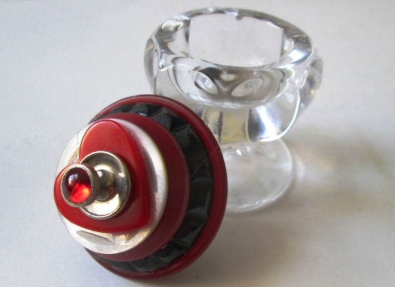 Vintage Button Ring and Proposal Box Red Bakelite Heart Mother of Pearl Vintage Button /& Clear Parfait Glass Salt Cellar Jewelry Box