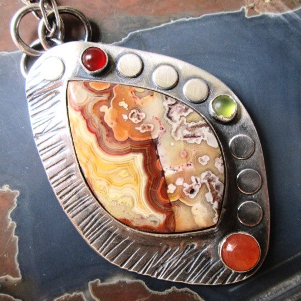 SALE 20 Dollars Off:  Crazy Lace Agate Mosaic Pendant with Aventurine, Carnelian and Peridot Gemstone Sterling Silver Necklace Jewelry