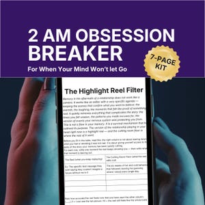 Op de afbeelding: Een digitaal werkblad getiteld "2 AM OBSESSION BREAKER" met de ondertitel "For When Your Mind Won't let Go." Het werkblad is een kit van 7 pagina's met een sectie genaamd "The Highlight Reel Filter" en bevat invulsecties.
