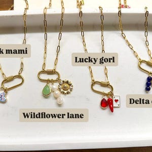 May include: Gold-tone necklaces with various charms, including a heart, a sunflower, and a playing card. The necklaces are displayed on a white tray. Text on the image reads "Pink mami", "Lucky gorl", "Delta dawn", and "Wildflower lane".