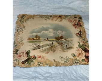 Escena de cabaña invernal troquelada en relieve victoriano Gibson Art Co