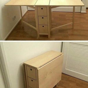 Handmade Drop Leaf Dining Table – Wood Gateleg Desk with Storage Drawers