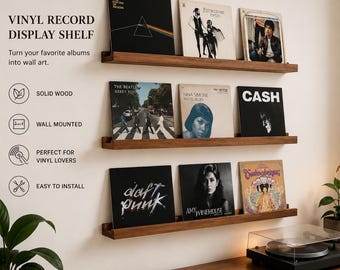 Solid Wood Vinyl Record Display Shelf | Modern Floating Album Wall Mount