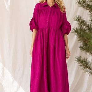 Puff Sleeves Soft Linen Oversized Dress | Both Side Pocket Dress | Button-down Midi-Maxi Dress | Vacation Wear | Casual Wear Shirt Dress