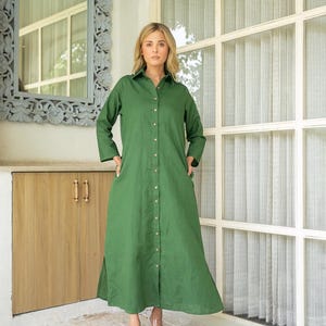 Vestido camisa feminino de linho | Maxi com mangas compridas e botões | Vestido de linho com bolsos e gola |
