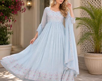 Georgette Blau besticktes Anarkali Set | Frauen Kurta Hose mit Dupatta Set | Festliche Kleidung Set | Hochzeit Wear Outfit Indisches Langes Kleid