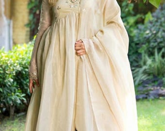 Ready To Wear Handwork Anarkali Palazzo Dupatta Set | Tissue Festive Wear  | Ethnic Wear  Indian Beige Suit Set | Party Wear Pakistani Suit
