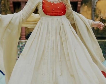 Goldenes Beige Gewebe Anarkali Kurta Hose Dupatta Set | Handarbeit Hochzeit Anzug | Indianer 3er Set