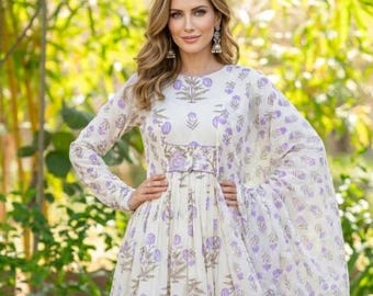 Lavender Floral Block Print Anarkali Dress with Dupatta | 3 Pcs Kurta Dupatta Jacket set | Festive Wear Indian Wear Anarkali Set