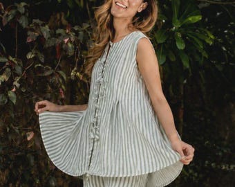 Grau Gestreiftes Viskose Top Shorts Set | Lockere Sommer Streetwear Loungewear | Damen 2-teilig
