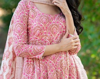 Hand Block Print Cotton Anarkali Palazzo Dupatta Set | Indian Wedding Outfit
