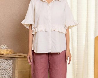 Set aus reinem Leinen mit Rüschen - Damenhemd und Hose mit weitem Bein - Custome