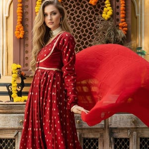 Red Chanderi Anarkali Dress with Dupatta & Jacket Set | Indian Wedding Wear Long Kurta Set | Women Festive Wear Outfit image 2