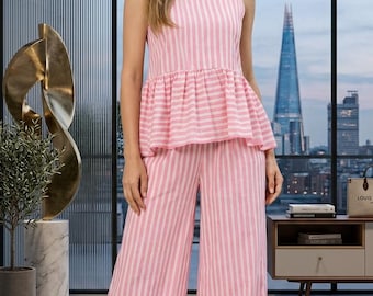 Stylische Pink gestreifte Fassung |  Ärmelloses Top-Hose-Set aus Viskose | Sommer Lockere Hose | Streetwear | Urlaubsbekleidung