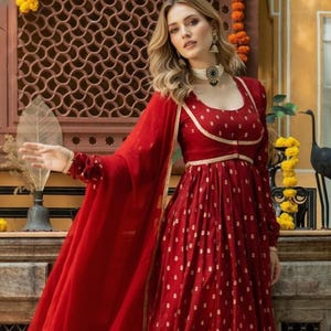 Red Chanderi Anarkali Dress with Dupatta & Jacket Set | Indian Wedding Wear Long Kurta Set | Women Festive Wear Outfit image 1