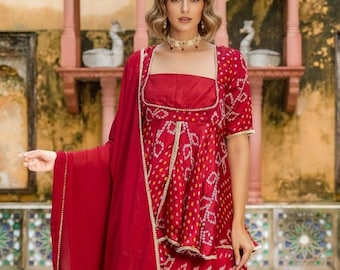 Maroon Bandhej Kurta Skirt Dupatta Set | Indian Bridal Outfit