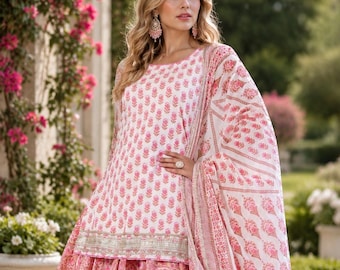 Pink Hand Block Print Cotton Kurta Skirt Dupatta Set | Festive Pakistani Outfit