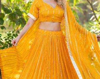 Viskose Georgette Lehenga Set | Lehnega Bluse Dupatta Set | Festliche Kleidung Lehenga Set | Hochzeitsabnutzungs-Outfit | Braut Outfit | Indianerkleidung