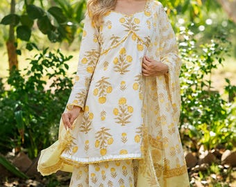 Gelb Handblock Baumwolle Kurta Sharara Set mit Dupatta | Blumendruck indische ethnische Kleidung | Funktion Outfit für Frauen |  Hochzeitsanzug Set