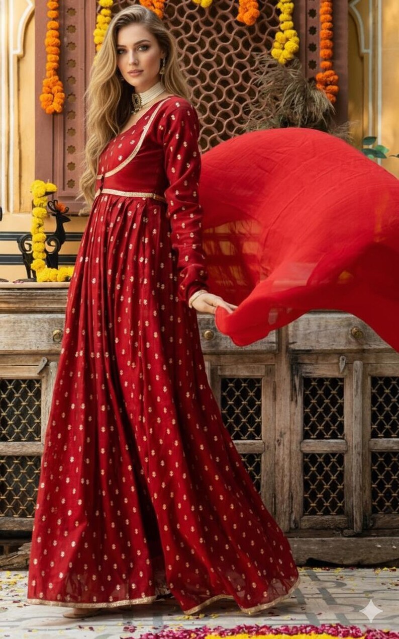 Red Chanderi Anarkali Dress with Dupatta & Jacket Set | Indian Wedding Wear Long Kurta Set | Women Festive Wear Outfit image 2