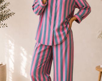 Pink and Blue Striped Co-ord Set | Wide Leg Pants and Button Down Shirt | Two Piece Lounge Set Women | Casual Summer Outfit | Daily Wear Set