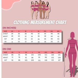 May include: A clothing measurement chart featuring illustrations of five figures in pink underwear. The chart displays sizing from XS to 4XL with chest, waist, and hip measurements in inches and centimeters, alongside a silhouette showing measurement points.