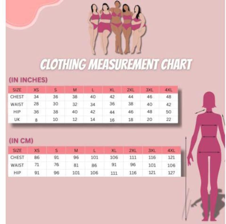 May include: A clothing measurement chart featuring illustrations of five figures in pink underwear. The chart displays sizing from XS to 4XL with chest, waist, and hip measurements in inches and centimeters, alongside a silhouette showing measurement points.
