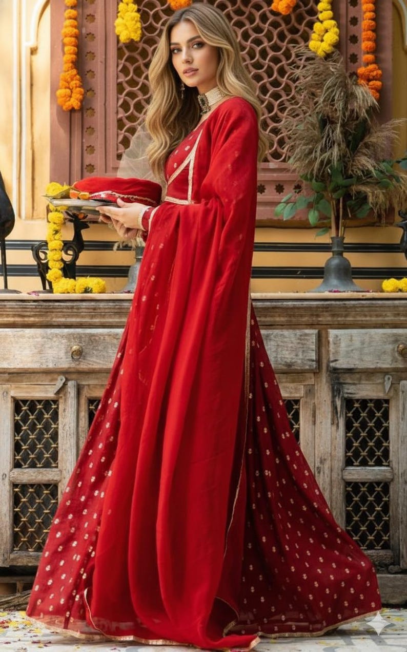 May include: A vibrant red floor-length dress featuring a subtle gold-toned pattern, a matching red dupatta draped over the shoulder, and a gold-trimmed neckline. The garment is paired with a white choker necklace and gold-toned wrist bangles.