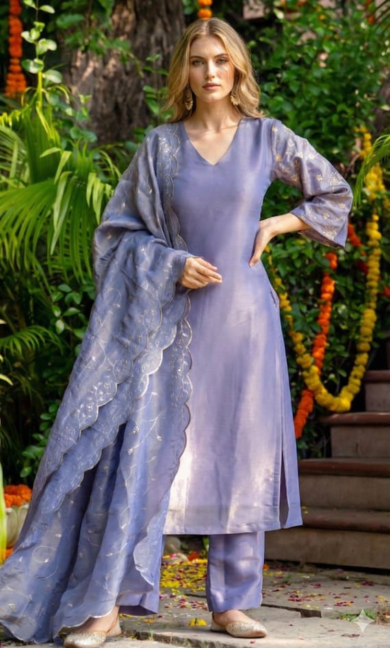 Lavender Tissue Kurta Pant Dupatta Set | V-Neck Indian Wear