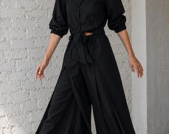 Women Pure Linen Top Pant Set | Knotted Top Wide-Leg Co-ord Set | Linen Two Piece Set | Casual Outfit Loungewear, Linen Resort Wear Set