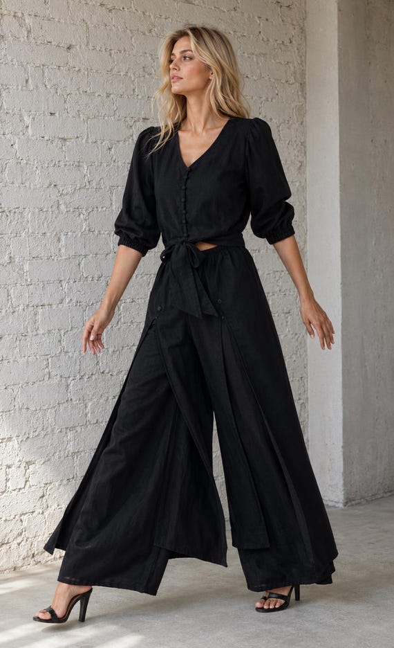 Leinen-Zweiteiler für Damen | Zweiteiliges Set aus geknotetem Oberteil und Hose | Lässige Loungewear, Leinen-Resort-Kleidung