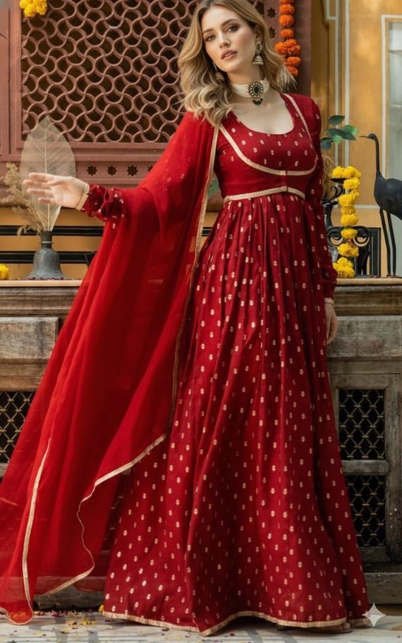 Red Chanderi Anarkali Dress with Dupatta & Jacket  Set | Indian Wedding Wear Long Kurta Set | Women Festive Wear Outfit