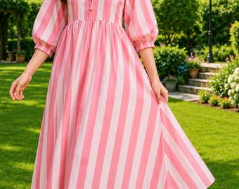 Pink Striped Cotton Dress | 3/4 Sleeve Midi Dress with Tie Neck | Summer Sundress, Vacation Wear Dress, Casual Modest A-Line Dress