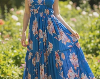 Blaues Satin-Rückenfreies Maxikleid mit Blumen | Ärmelloses Sommer-Resort tragen langes Kleid mit V-Ausschnitt