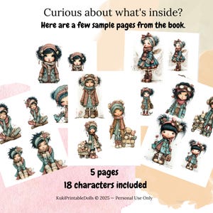 Könnte beinhalten: Digitale Kunst mit Illustrationen von Puppen in Winterkleidung. Die Puppen werden in verschiedenen Posen und Outfits dargestellt, mit einer Farbpalette aus Blau-, Braun- und Rosatönen. Der Text "Neugierig, was drin ist?" ist enthalten.