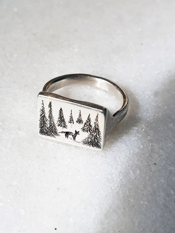 Fox Portrait Engraved 925 Sterling Silver Signet Ring – Handmade Animal Ring For Men, Good Luck Jewelry For Boyfriend Or Husband