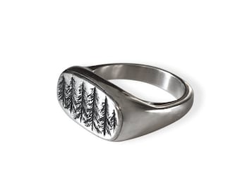 Gegraveerde pijnbomen Zegel Ring / Sterling Zilver / Forest Ring