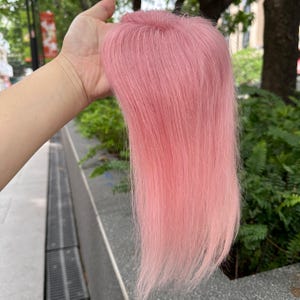 Peut inclure: Une postiche rose avec de longues mèches raides. La postiche est d'une nuance de rose vif et semble être faite de fibres synthétiques. La postiche est tenue devant un fond de verdure et un trottoir.