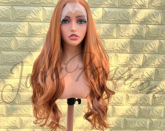 Light Copper Auburn 13x4 Lace Size Long Wavy Synthetic Lace Wig