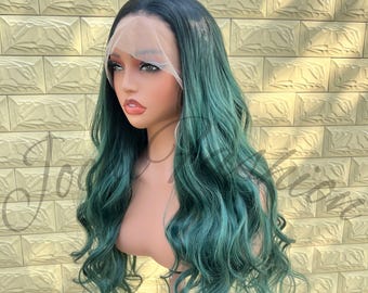 Long Ombre Green Wavy Wig Natural Looking Synthetic Heat Resistant Fiber Wig