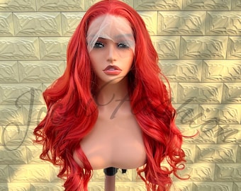 Orange Red Natural Wave Heat Resistant Fiber 13x4 Lace Frontal Wig