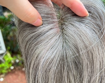 Real Human Hair Grey Hair Topper with Lace Base 8x11cm, 10‘’ Straight Salt and Pepper Grey Hairpiece, Clip-In Hair Topper for Thinning Hair