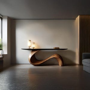 May include: A contemporary console table featuring a dark surface and a distinctive, flowing wooden base. Two small lamps with rectangular shades are on the table. The table is in a room with a neutral colour scheme.