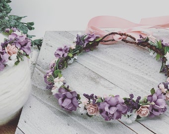 Pink and Lavender Purple Flower Crown , Flower Girl Crown, Flower Crown, Halo Flower Crown, Bridal Crown, Maternity Crown, Wedding Headpiece