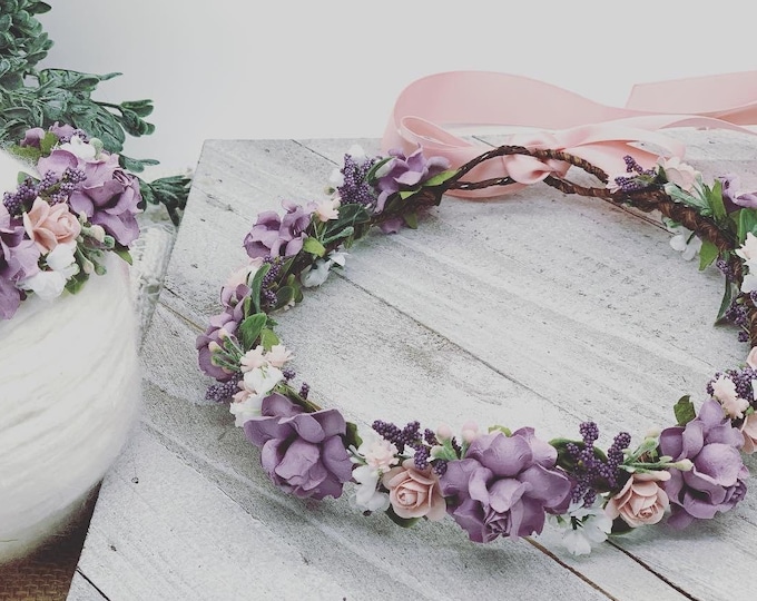 Pink and Lavender Purple Flower Crown , Flower Girl Crown, Flower Crown, Halo Flower Crown, Bridal Crown, Maternity Crown, Wedding Headpiece