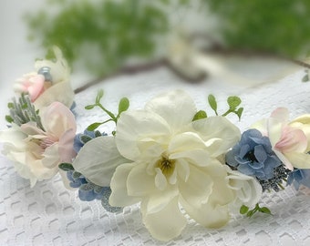 Ivory Light Pink and Dusty blue flower crown,Flower girl crown,Flower crown, Bridal Crown,Newborn Crown,Birthday Crown,flower girl headpiece