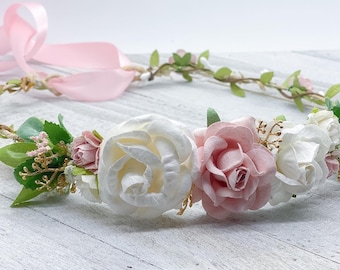 Pink and white flower crown,Bridal crown, Flower girl crown, Wedding crown, Maternity crown