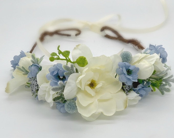 Flower Crown, Flower girl Crown, Blue and Ivory Flower Crown, Wedding crown, bridal, Ivory and blue flower crown