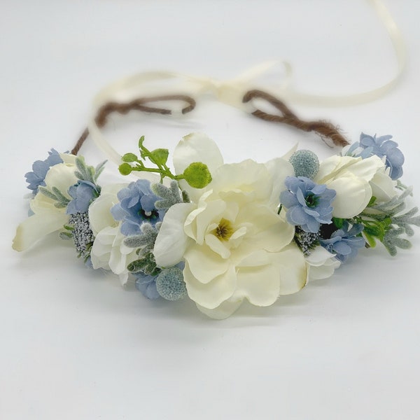 Flower Crown, Flower girl Crown, Blue and Ivory Flower Crown, Wedding crown, bridal, Ivory and blue flower crown