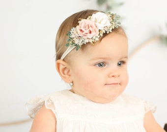 Blozen roze en goud pasgeboren hoofdband, bloem kroon, baby meisje hoofdband, bloemenmeisje hoofdband, bruiloft hoofdband, baby bloemen kroon, haar clip